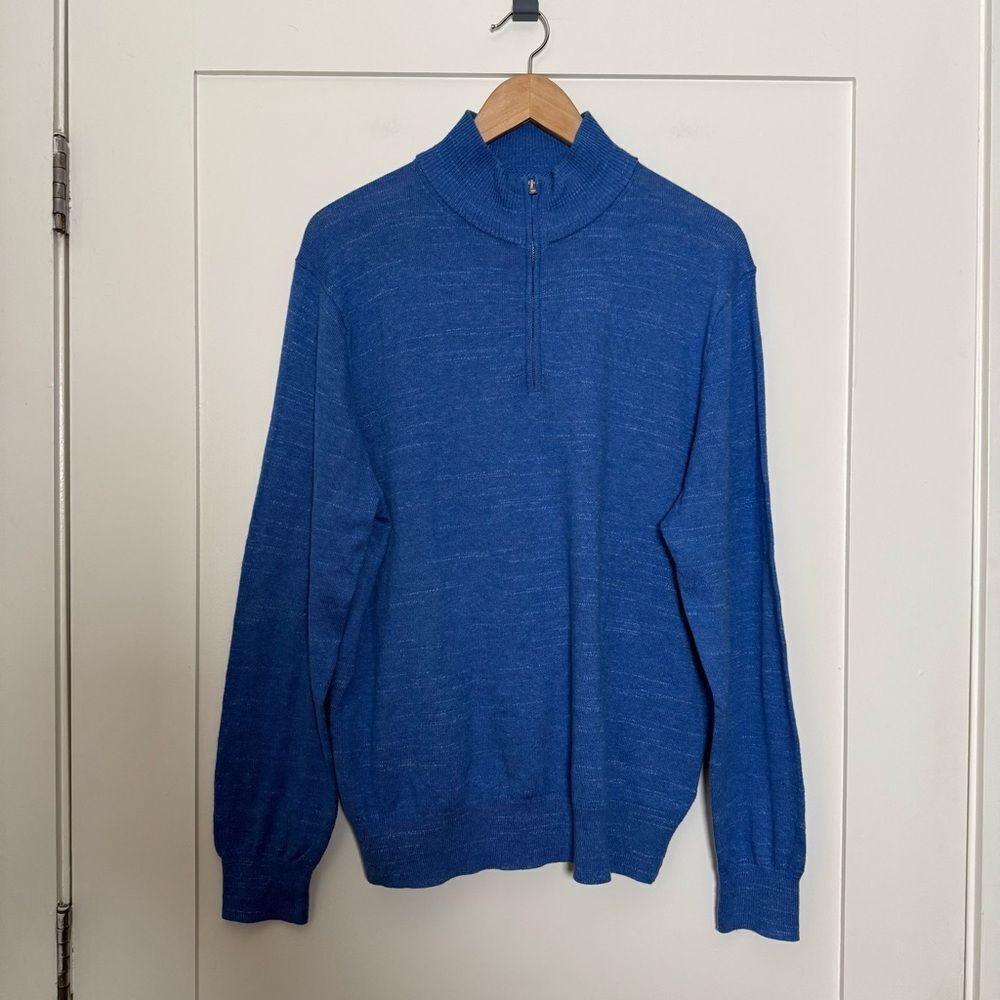 J Crew Sweater Men Sz L Blue Raglan Half Zip Long Sleeve Mock Neck Cotton Casual